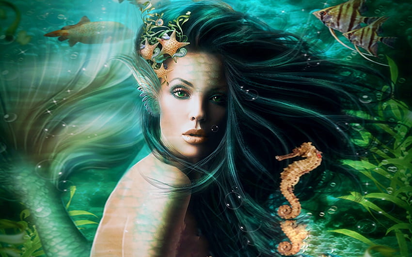 Lovely Face of a Mermaid, sea, brunette, Mermaid, Pretty, fantasy, seahorse, Fish, face, creature, water, lovely HD wallpaper
