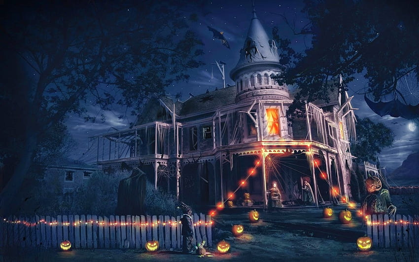 Décoration de maison fantôme d'Halloween avec citrouille rougeoyante - Trick Or Treat Halloween Haunted House, Scary Haunted House Fond d'écran HD
