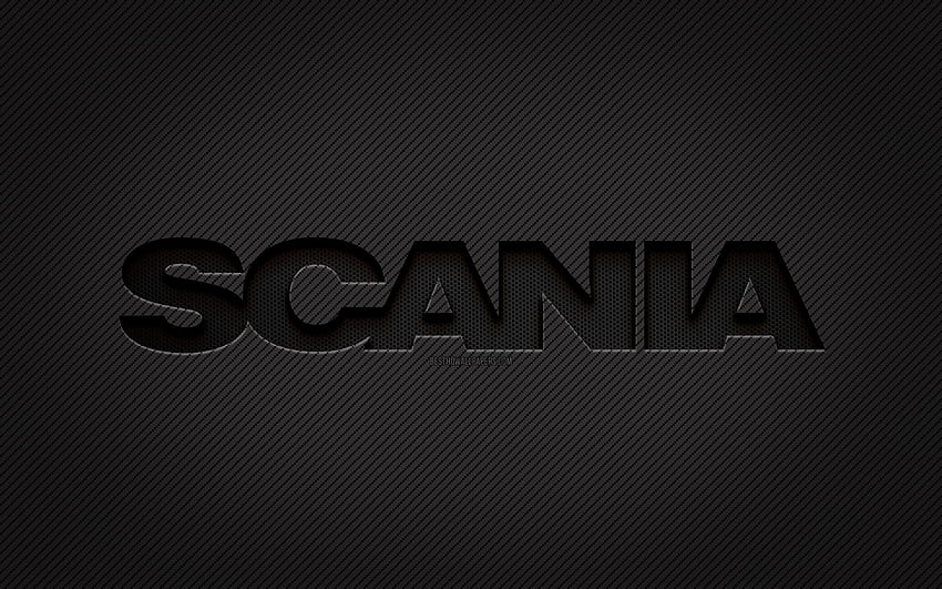 Scania カーボン ロゴ、グランジ アート、カーボン背景、クリエイティブ、Scania 黒ロゴ、車のブランド、Scania ロゴ、Scania 高画質の壁紙
