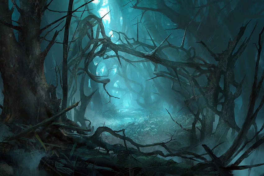 El bosque, azul, fantasía, luminos, bosque, oscuro, hongqi zhang fondo de pantalla
