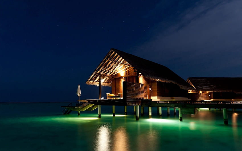 Naturaleza, Noche, Zona intertropical, Maldivas, Bungalow fondo de pantalla