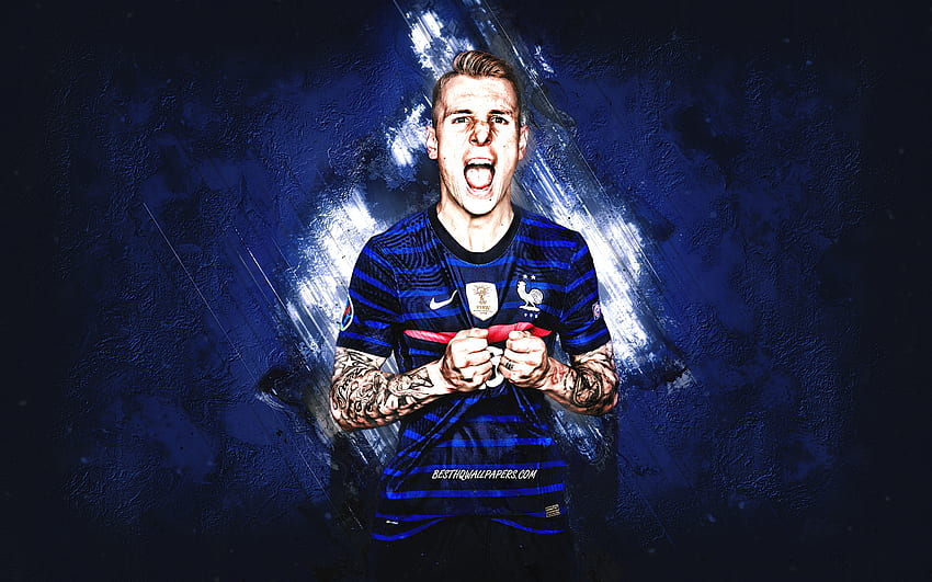 Lucas Digne, französische Fußballnationalmannschaft, französischer Fußballer, Porträt, Frankreich, Fußball, blauer Steinhintergrund, Grunge-Kunst HD-Hintergrundbild