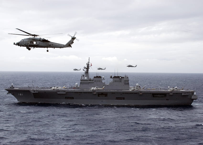 Helicopter Carrier, sea, carrier, asia, japanese navy, hellicopter, hyuga, ocean HD wallpaper
