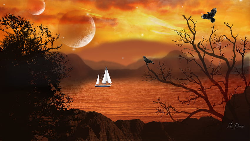 Moonlight Sail, sea, birds, moon, trees, sailboat, mountains, sunset HD wallpaper
