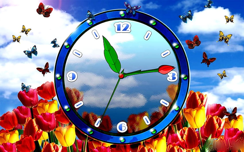 TULIP CLOCK, tulip, design, butterfly, face, clock, tulips HD wallpaper