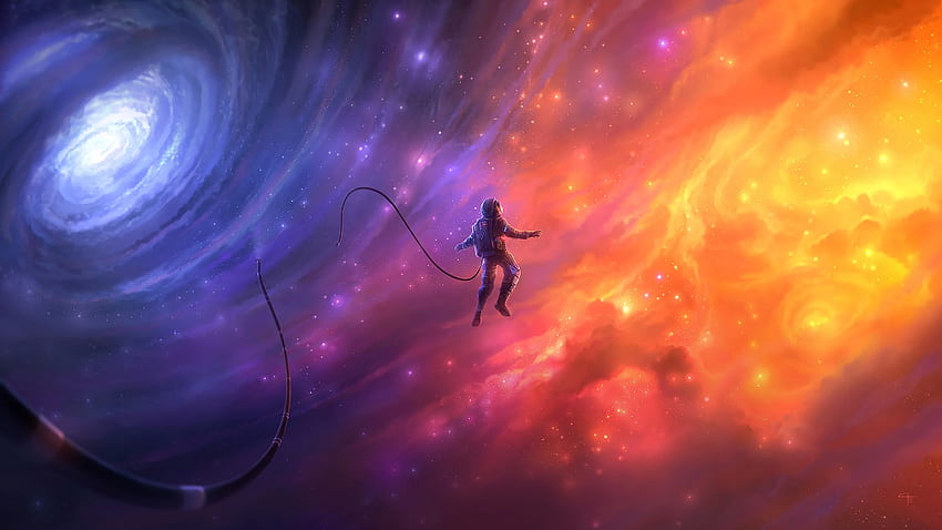 Astronot Terapung, Nebula Berwarna-warni, Melamun, Oranye, Dua Jalur untuk iMac 27 inci, Astronot Mengambang di Luar Angkasa Wallpaper HD
