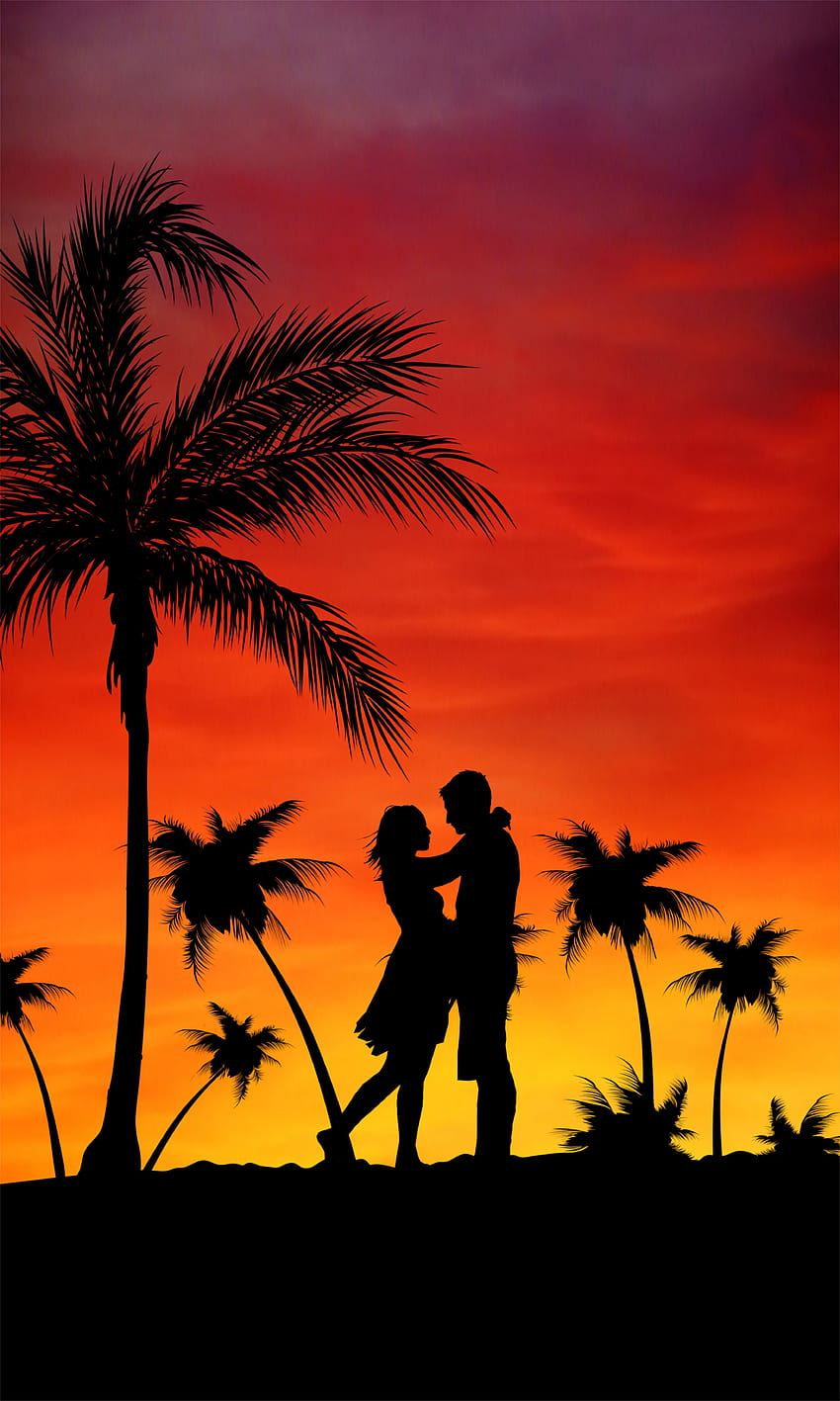 Sonnenuntergang, Palmen, Liebe, Paar, Paar HD-Handy-Hintergrundbild
