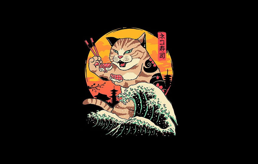 Минимализъм, Япония, Котка, Вълна, Стил - Neko Sushi Wave - & Фон, Сладко Neko Sushi Japanese HD тапет