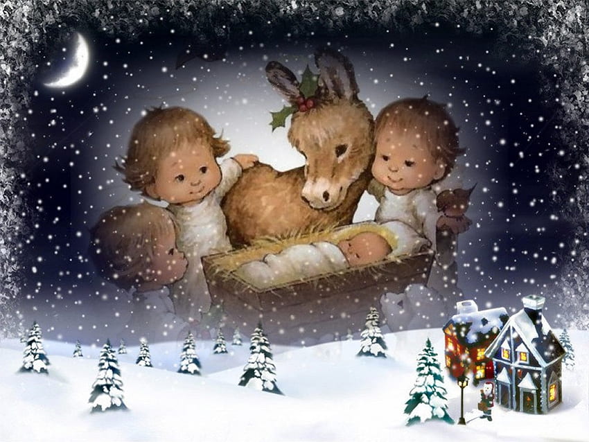 Christmas time, night, holiday, nativity, christmas, jesus, cute, christ HD wallpaper