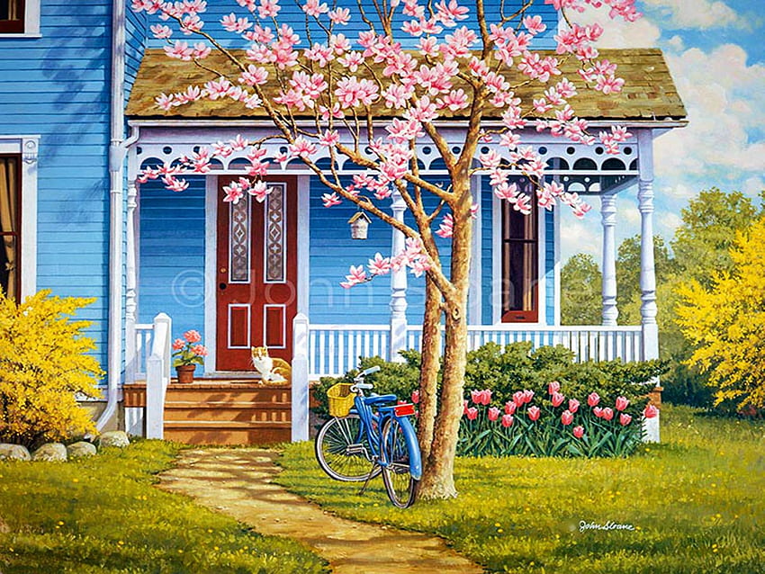 Front Veranda, flowers, door, house, painting, garden, spring HD wallpaper