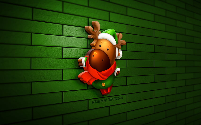 3D Xmas Deer, , green brickwall, Christmas decorations, Cartoon Xmas ...