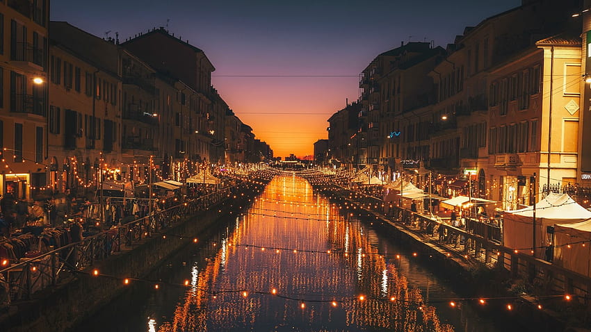 밀라노, 이탈리아, 강, 저녁, 도시-크리스마스 불빛 HD 월페이퍼