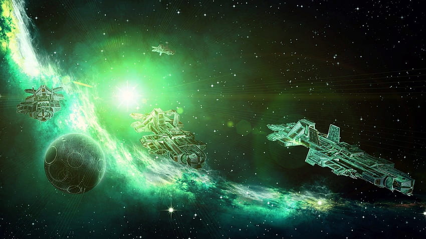 Space: Outer Spaceship Science Nebula Stars Sci Spacecraft, Green Galaxy HD wallpaper
