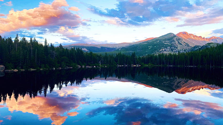 Alpine sunset — Bear Lake, Colorado, reflections, hills, trees, clouds, colors, sky, water, usa HD wallpaper