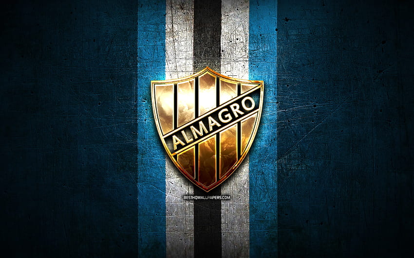 Club Almagro FC, złote logo, Primera Nacional, niebieskie metalowe tło, piłka nożna, argentyński klub piłkarski, logo Club Almagro, piłka nożna, Almagro CF, Argentyna, Almagro FC Tapeta HD