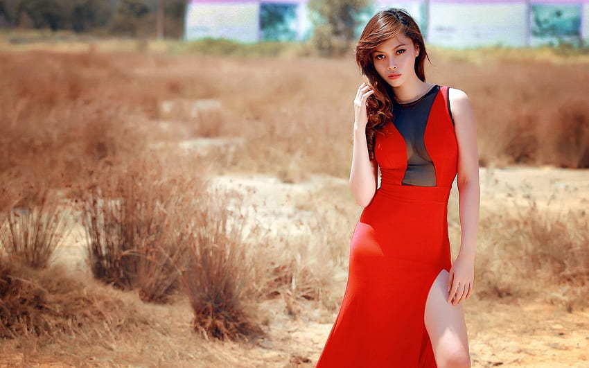 The Girl in Red, outdoors, model, brunette, red, dress HD wallpaper