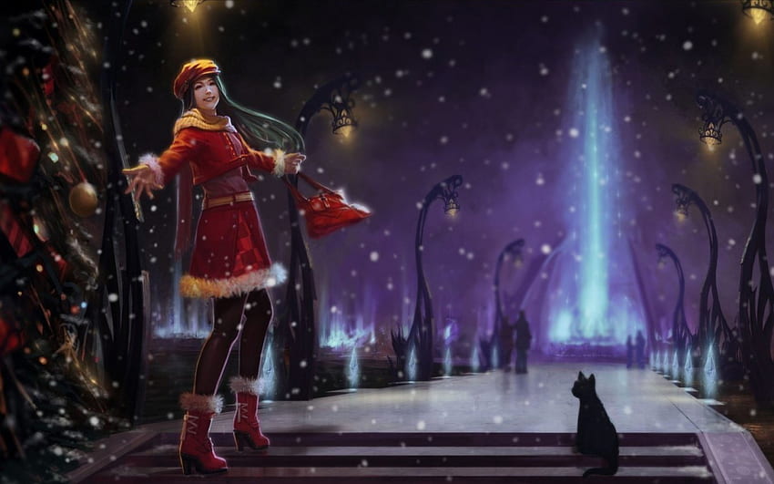 Noel ışıkları, gece, mavi, kış, beyaz, kız, kedi, mor, anime, ışıklar, noel, kırmızı, manga, şapka HD duvar kağıdı