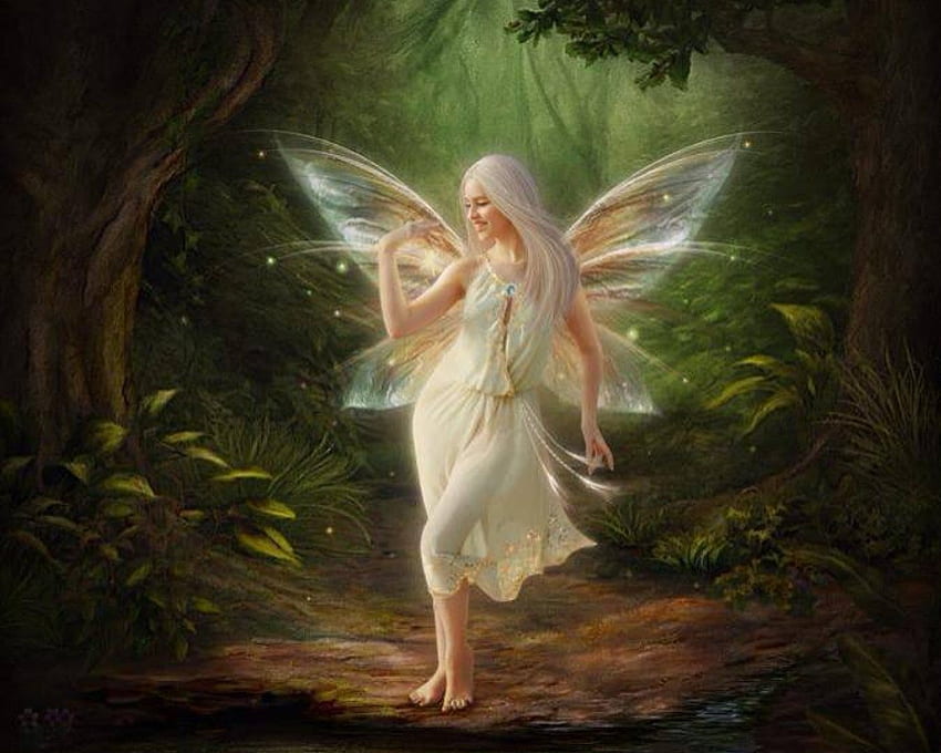 Smiling fairy, fairy, wings, smiling, beautiful, forest HD wallpaper