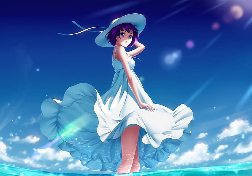 หญิงสาว สีฟ้า ทะเล สีขาว รับประทานอาหารกับริต้า แต่งตัว ชายหาด ฤดูร้อน อะนิเมะ มังงะ vara วอลล์เปเปอร์ HD