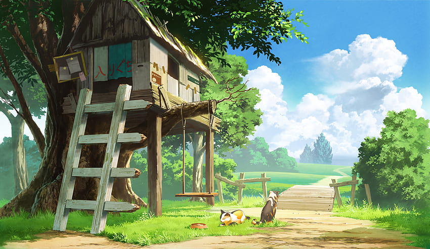 Anime-Landschaft, Baumhaus, Katzen, Wolken, Anime-Haus HD-Hintergrundbild