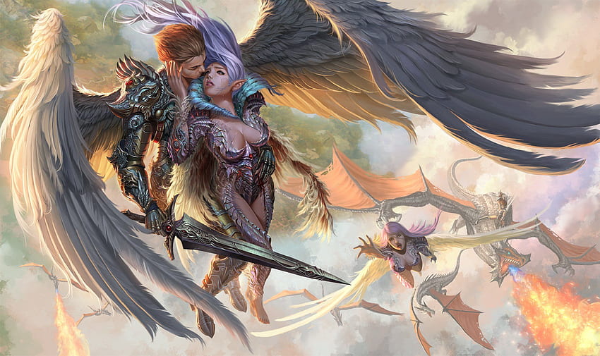 angel, Battle, Dragon, Love, Fire, Hug, Wings, Games, Fantasy, Warrior, Love, Mood / and Mobile Background HD wallpaper
