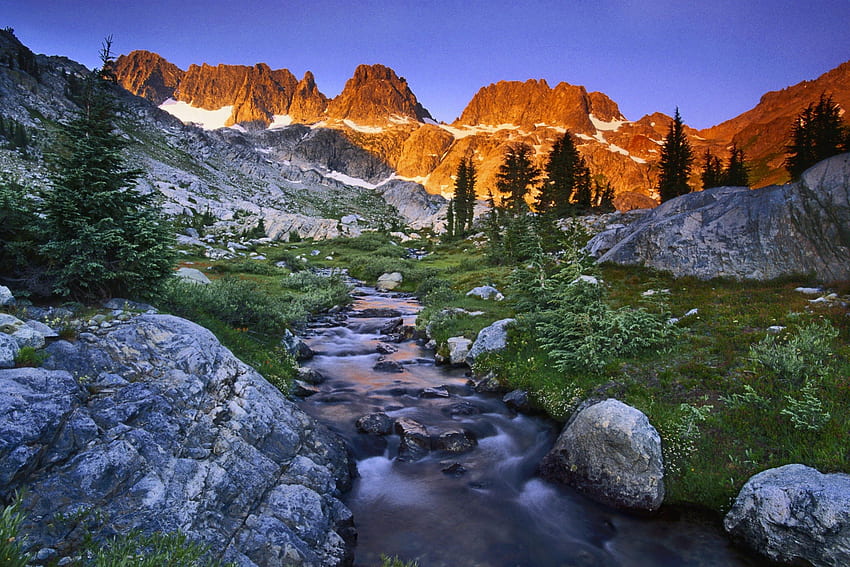 ANSEL ADAMS GURUN, sungai kecil, puncak, rumput, matahari terbit, batu, pemandangan, salju, pohon, California Wallpaper HD