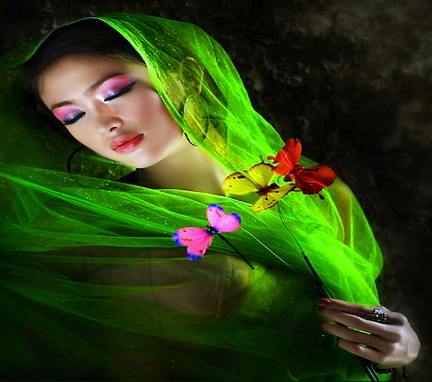 Vibrante, farfalle, occhi truccati, verde vibrante, donna, bellezza Sfondo HD