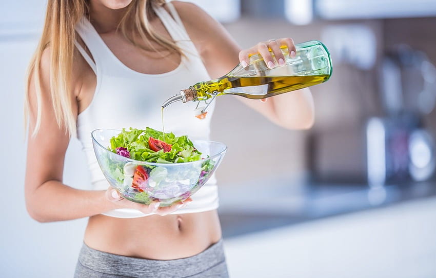 woman, salad, olive oil, condiments for , section еда HD wallpaper