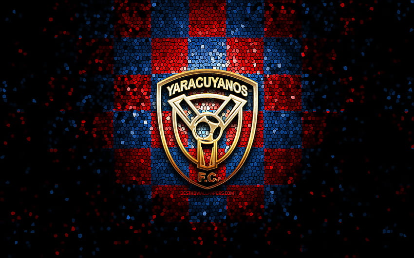 Yaracuyanos FC, glitter logo, La Liga FutVe, blue red checkered background, soccer, Venezuelan football club, Yaracuyanos FC logo, mosaic art, football, Venezuelan Primera Division, FC Yaracuyanos HD wallpaper