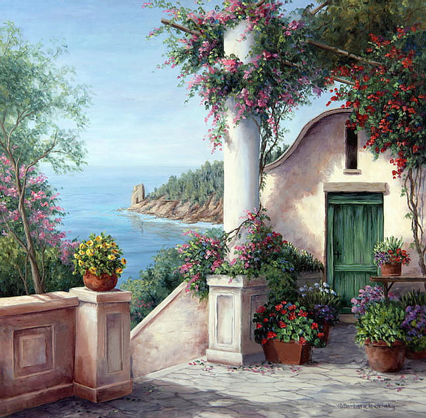View of the Ocean, hills, column, house, steps, painting, door, blossoms, stone, trees, flowers, wall, water, pots, ocean HD wallpaper