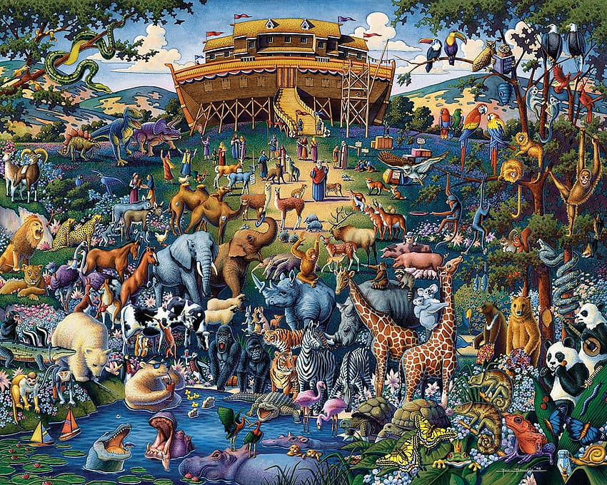 Noah's ark, animal, dowdle, painting, art, pictura, noahs ark HD wallpaper
