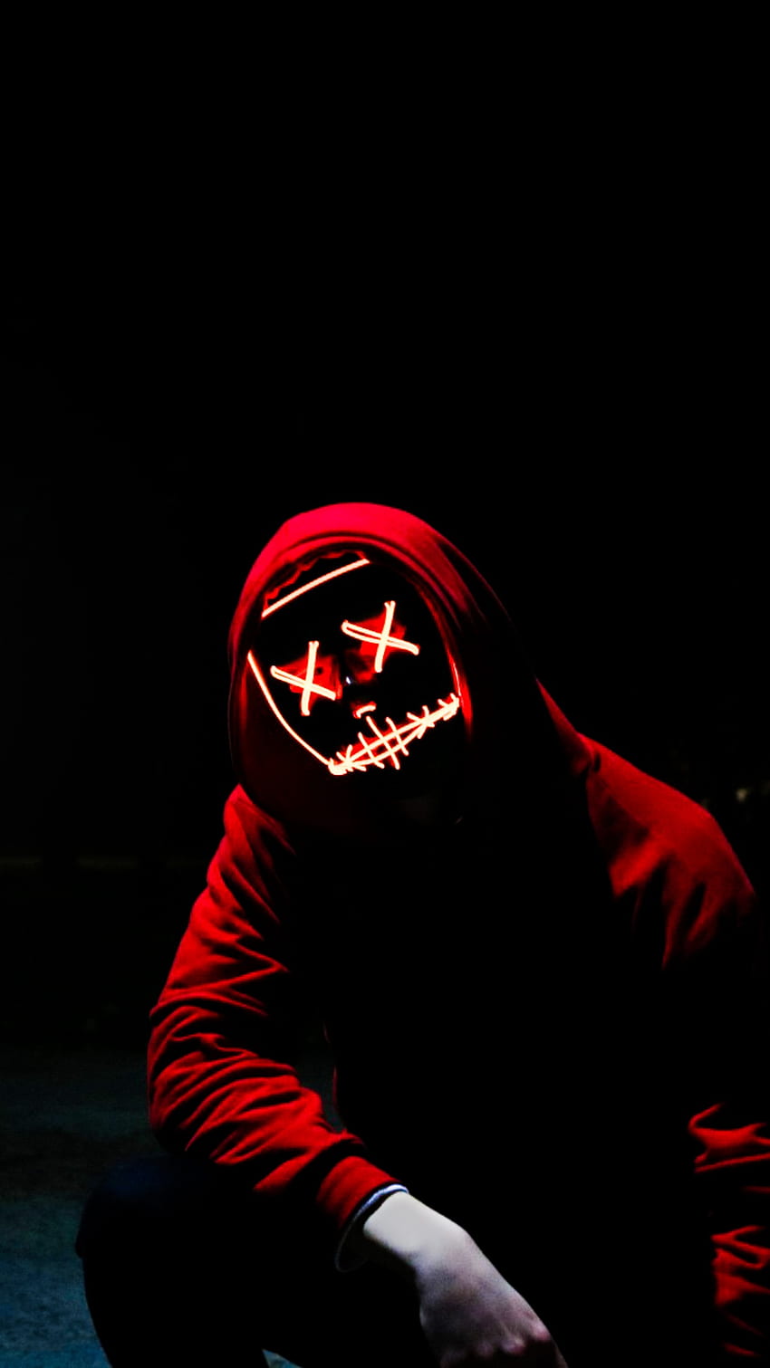 Uomo, maschera LED, droga, notte, anonimo, felpa con cappuccio, buio, grafica, LED nero Sfondo del telefono HD