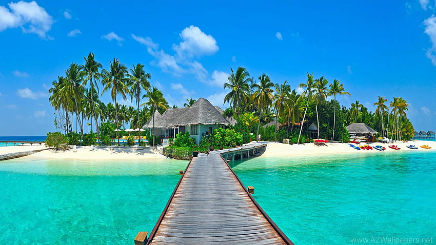 Resort Kandooma, Maldives, sea, palms, wooden, path, sky HD wallpaper