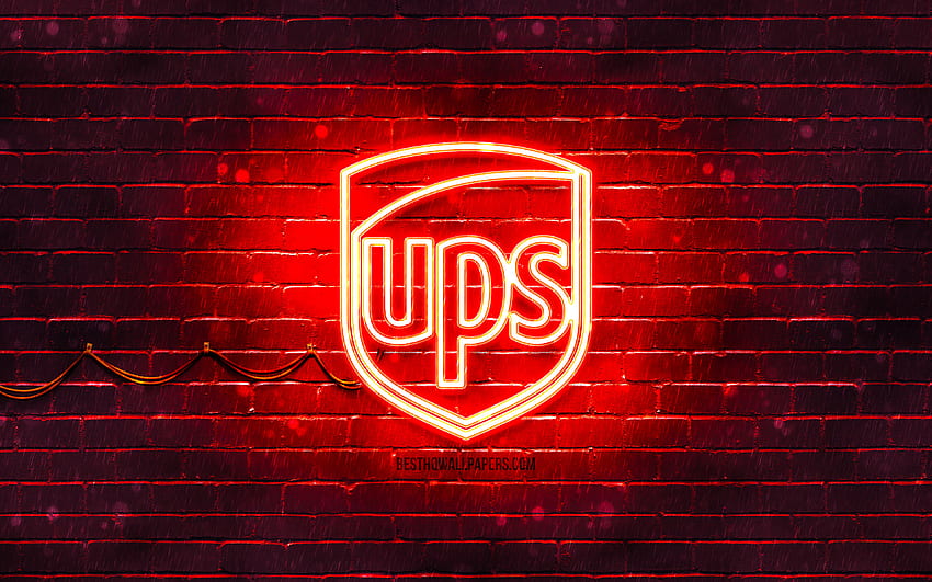 Rotes UPS-Logo, , rote Ziegelwand, UPS-Logo, Marken, UPS-Neonlogo, UPS HD-Hintergrundbild