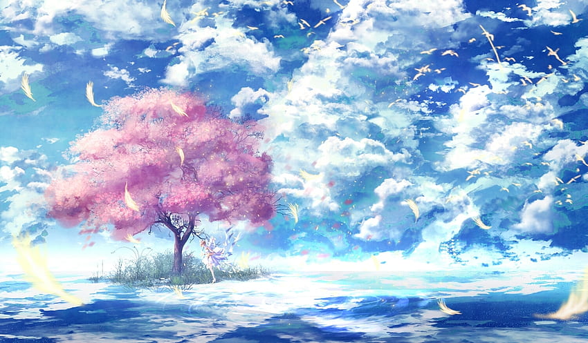 Card Captor Sakura, blue, spring, tree, pink, anime, kinomoto, cherry blossom, sky, manga, cloud HD wallpaper