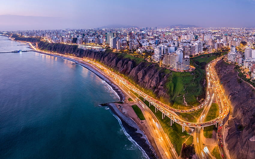 Distrik Miraflores, Lima, malam, matahari terbenam, pantai, Samudra Pasifik, pemandangan kota Lima, panorama Lima, Provinsi Lima, Peru Wallpaper HD