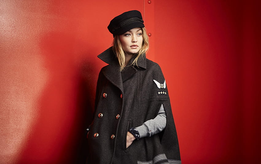 Gigi Hadid, gorra y abrigo negros, 2019 fondo de pantalla