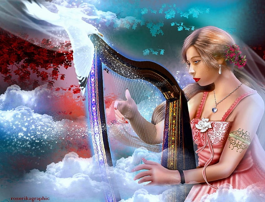 ~Harp in the Sky~, piękne dziewczyny, sztuka cyfrowa, dama, dziwne rzeczy, które ludzie noszą, piękne, ludzie, kreatywne gotowe, harfa, miłość cztery pory roku, fantasy, ładna, manipulacja, miękkość piękna, niebo, dziewczyny, kwiaty, cudowne, fantazyjne dziewczyny Tapeta HD