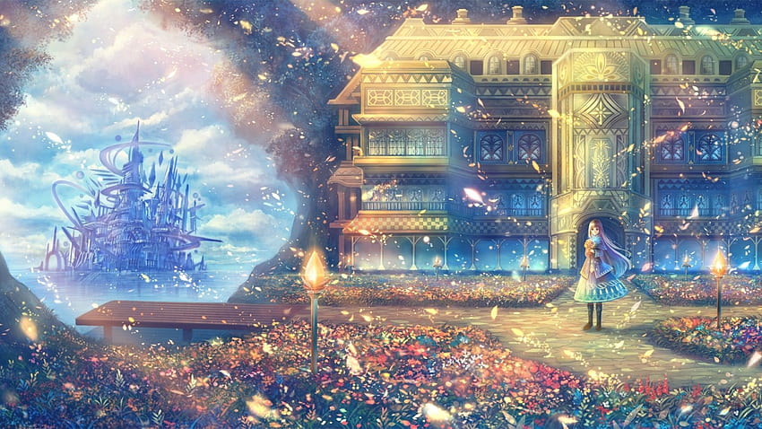 Anime-Mädchen-Fantasie verlässt glänzendes Schloss. Animes HD-Hintergrundbild