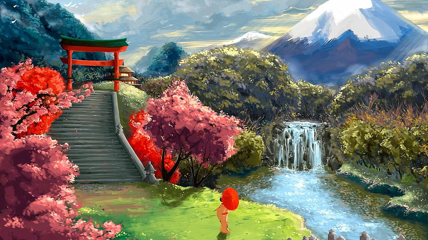 Japanese Garden Landscape - Painting Art . , Japanese Nature Art HD wallpaper