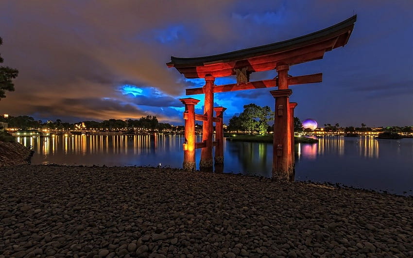 อื่นๆ: Torii Gate Temple Ocean Japan Night สำหรับ 16:9 วอลล์เปเปอร์ HD
