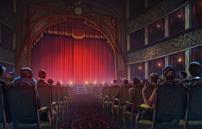 scene, chairs, curtain, the audience, Theatre for , section рендеринг, Movie Theatre HD wallpaper