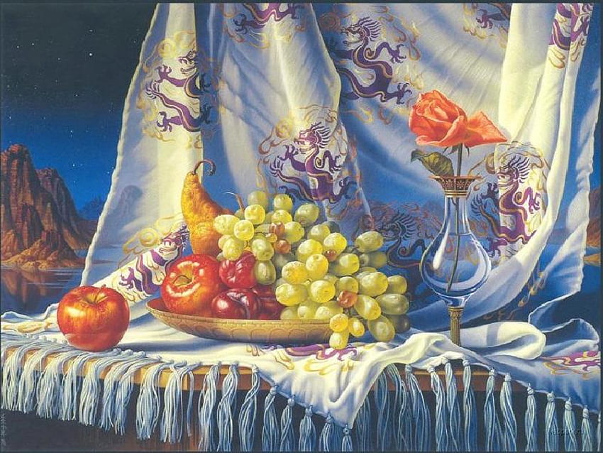Fruit Delight, meja, vas, buah-buahan, senja, piring, gunung, mawar, naga, lukisan, selendang, air Wallpaper HD