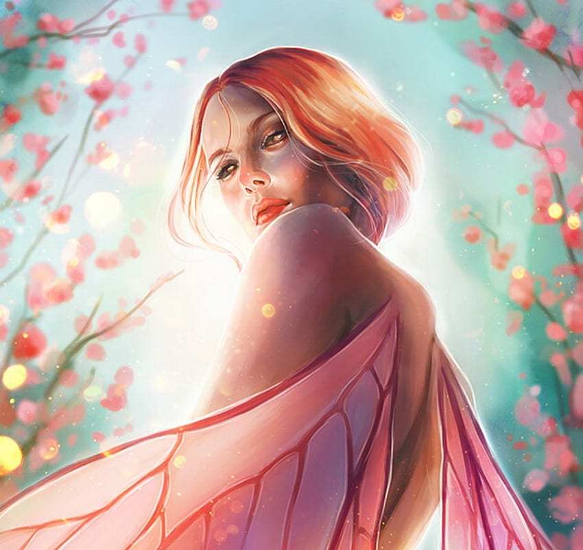 Spring fairy, wings, fairy, view from down, pink, meggie m, luminos, girl, spring HD wallpaper