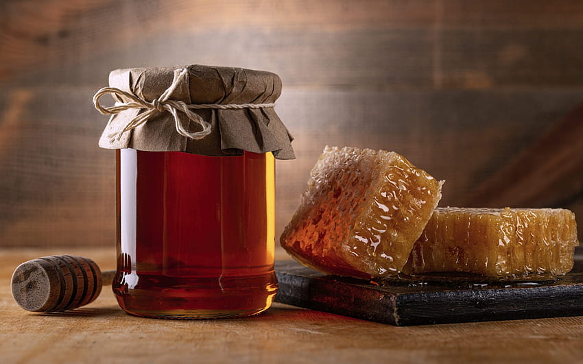 barattolo di vetro con miele, dolci, miele, bastoncino di miele in legno, concetti di miele Sfondo HD