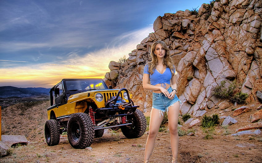 Alexa Breit Cruising in her Jeep, jeep, model, blonde, shorts, rocks HD wallpaper