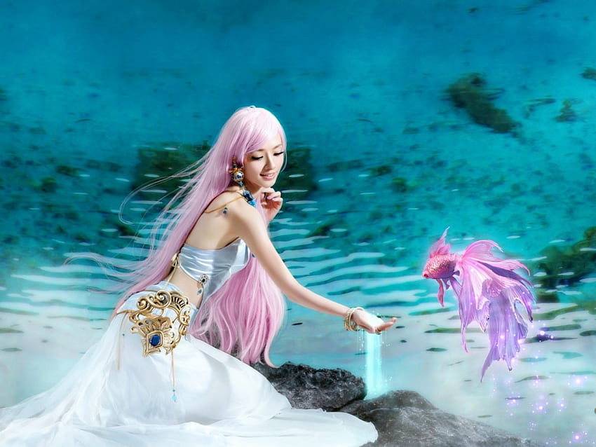 Вълшебно розово, розово, розова риба, красива, риба, момиче, вода, коса HD тапет