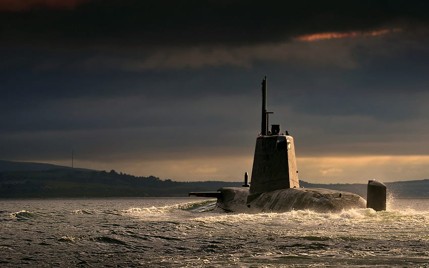HMS Ambush, S120, Royal Navy, sottomarino nucleare britannico, sottomarino di classe Astute, sera, mare, tramonto, navi da guerra, Gran Bretagna Sfondo HD
