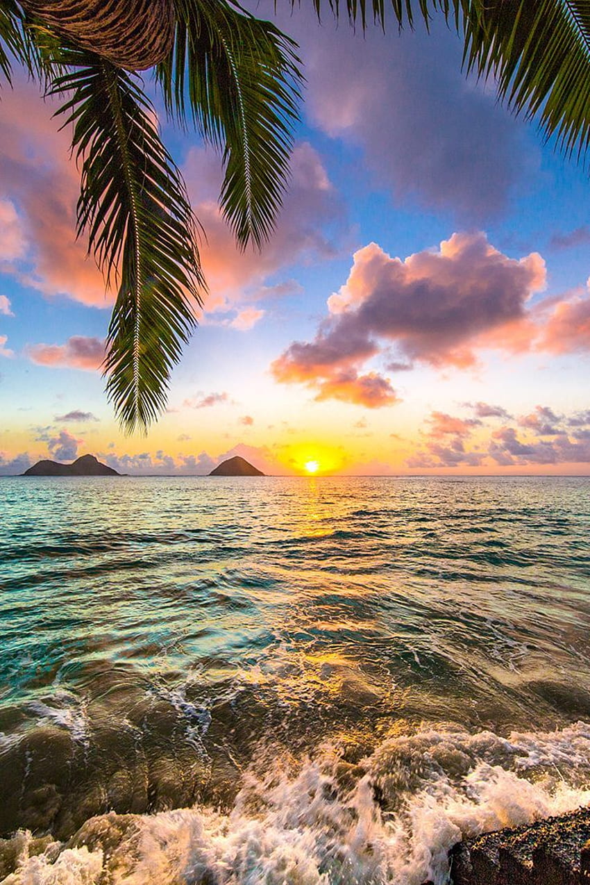 Красив Lanikai, Kailua Sunrise в Хавай. Райски красиви плажове, красиви плажове, плаж Lanikai HD тапет за телефон