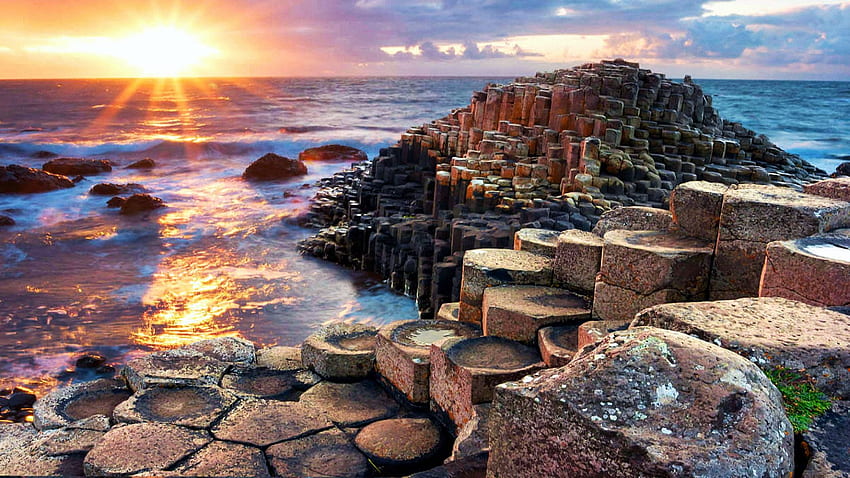 Giant’s Causeway, Northern Ireland, sea, coast, sun, rocks, stones, sunset HD wallpaper